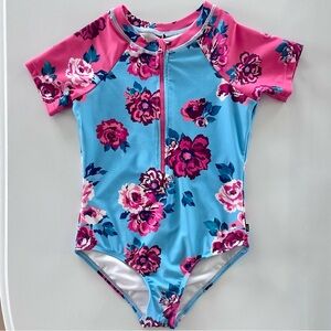 deux par deux- One Piece, Zip-Up Short Sleeve Swimsuit, Rose Print, Size 7/8